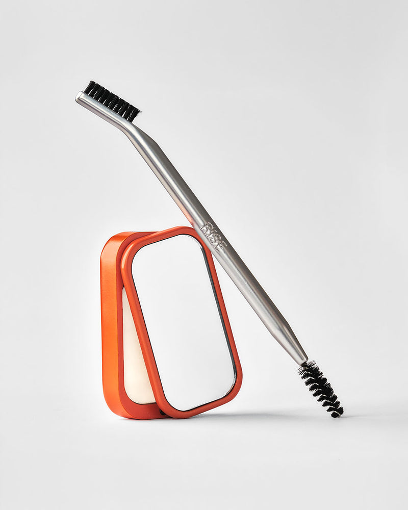 RISE Brow Styling Balm - Australian Made-  in refillable metal case and RISE Brow Styling Tool, a Weighted Metal Dual Ended Tool.
